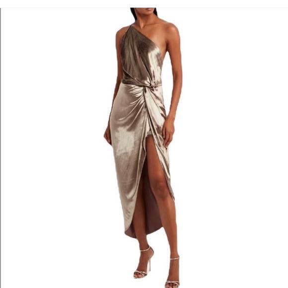 michelle mason gold dress Open back long sleeve gown main image 0